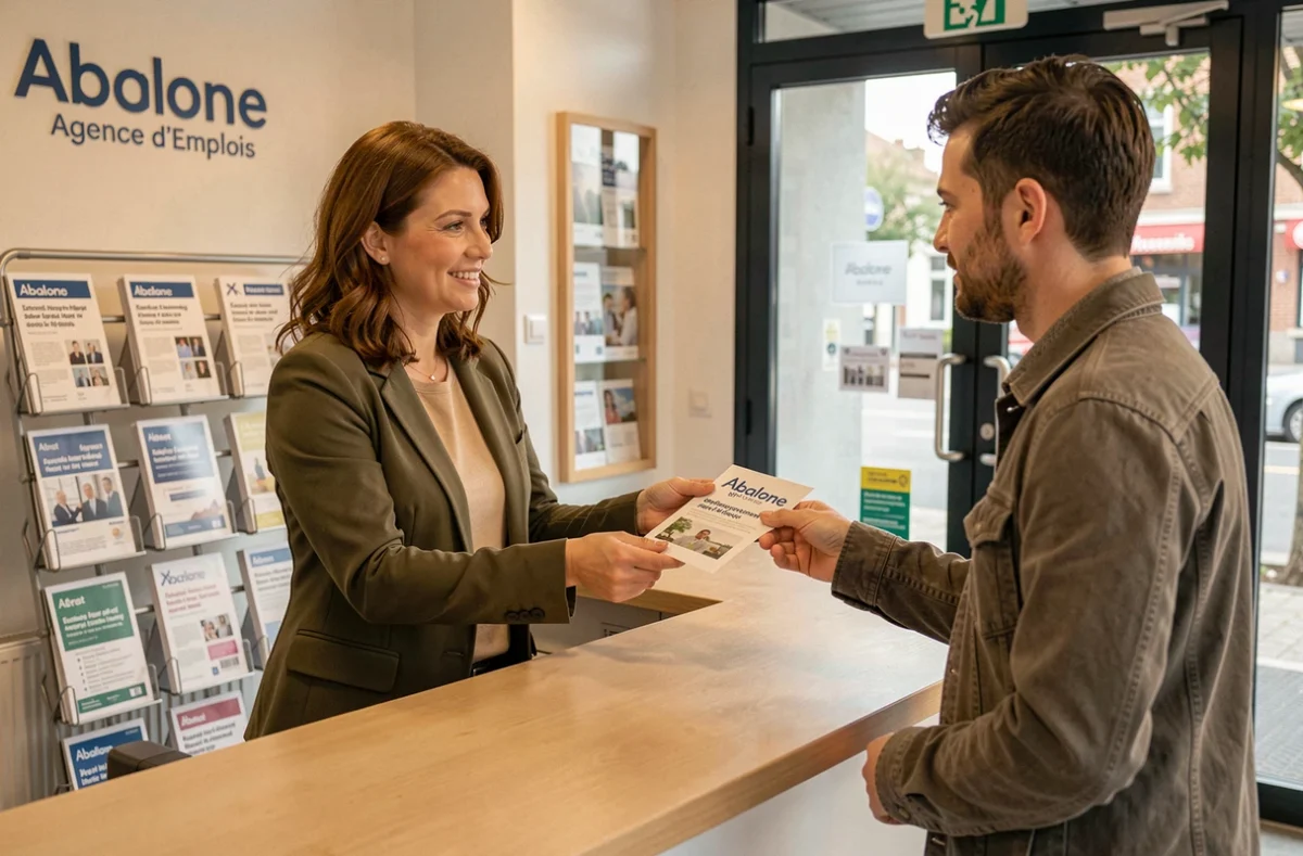 Conseillère emploi de l'agence Abalone Brest remettant une brochure d'offres d'emploi à un demandeur d'emploi à l'accueil