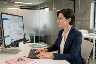 Responsable d'agence digitale analysant les tarifs d'outils IA sur un tableau de bord SaaS dans un open space moderne