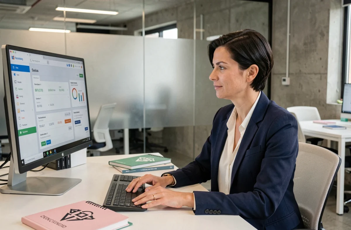 Responsable d'agence digitale analysant les tarifs d'outils IA sur un tableau de bord SaaS dans un open space moderne