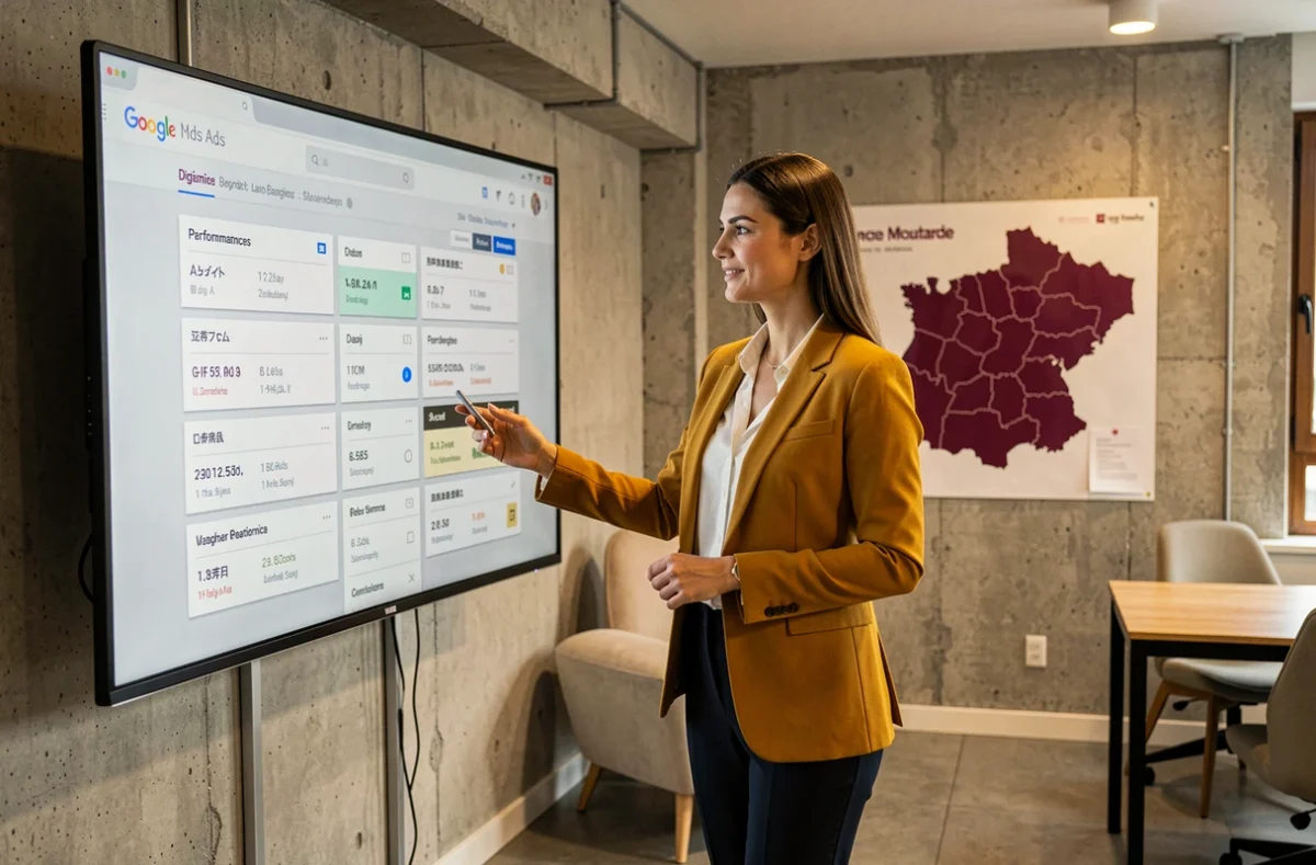 Stratège digitale de l'agence Moutarde à Dijon présentant un rapport de campagne Google Ads dans un bureau moderne