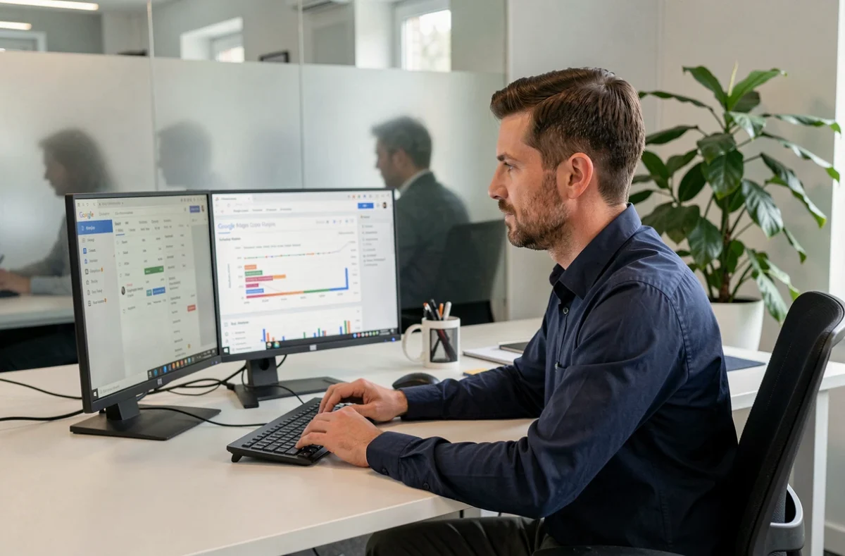 Consultant Google Ads de l'agence PTL à Besançon analysant des données de campagne sur double écran