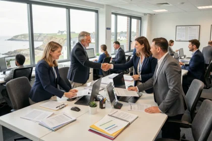 Vue d'ensemble d'une agence d'intérim dans le Finistère avec des professionnels en activité dans un open space moderne