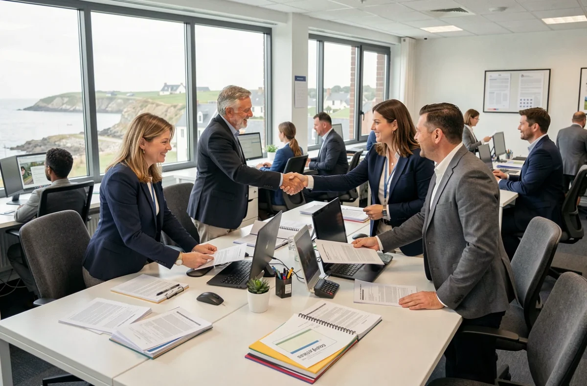 Vue d'ensemble d'une agence d'intérim dans le Finistère avec des professionnels en activité dans un open space moderne