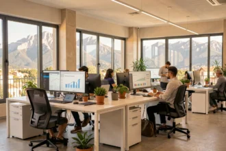 Vue d'ensemble d'une agence SEO moderne dans les Pyrénées-Orientales avec des professionnels travaillant sur des tableaux de bord analytiques
