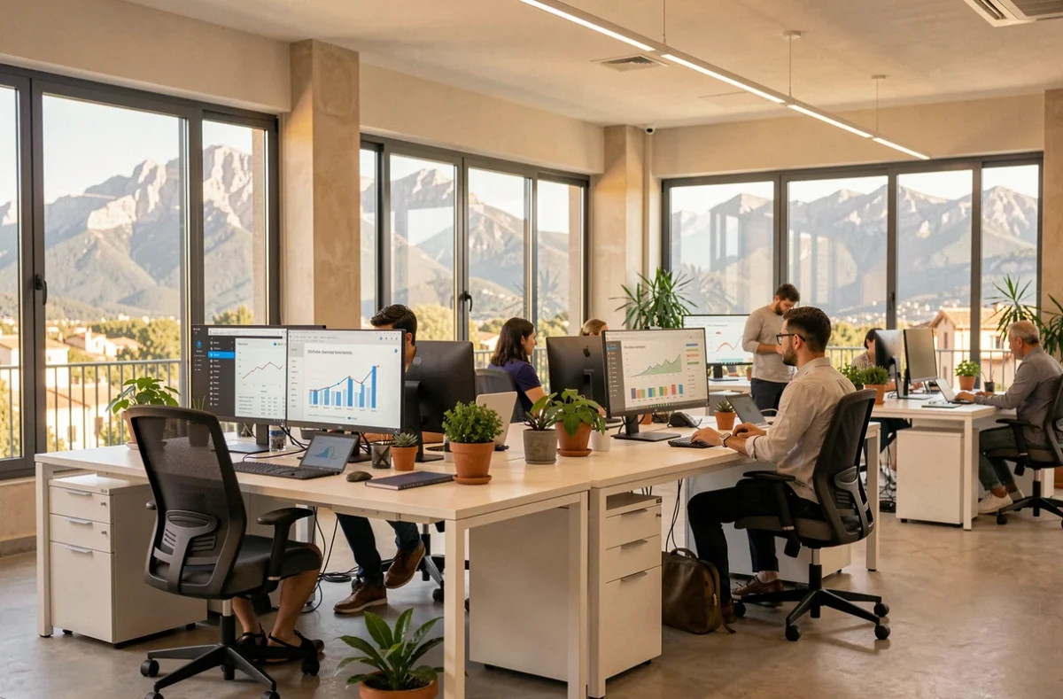 Vue d'ensemble d'une agence SEO moderne dans les Pyrénées-Orientales avec des professionnels travaillant sur des tableaux de bord analytiques