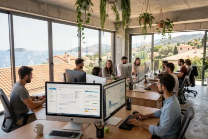 Agences web dans les Alpes-Maritimes : équipe de professionnels du numérique collaborant dans un open-space moderne avec vue sur la Côte d'Azur