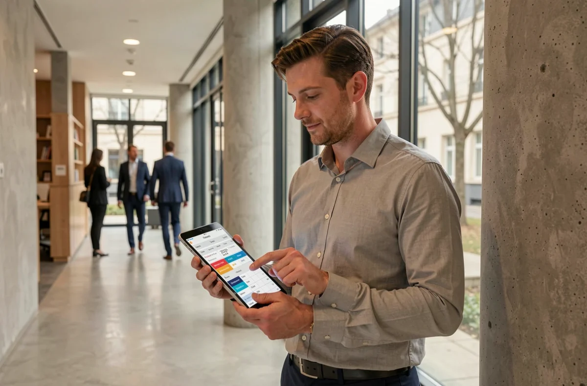 Agent de la fonction publique consultant un calendrier numérique 2026 des jours ouvrables sur tablette dans un couloir administratif moderne