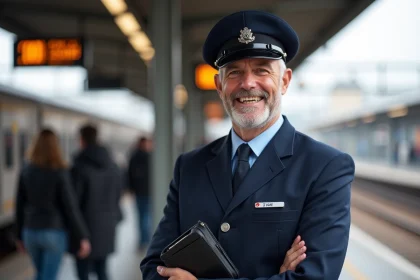 Agent SNCF contr&ocirc;leur en uniforme sur une plateforme de train