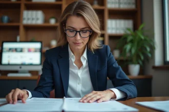 Femme professionnelle analysant des avis sur l'Institut National de la Propriété Intellectuelle dans un bureau moderne