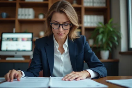 Femme professionnelle analysant des avis sur l'Institut National de la Propriété Intellectuelle dans un bureau moderne