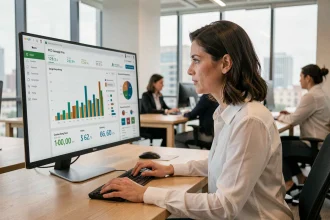 Professionnelle analysant des campagnes publicitaires pay-per-click sur un écran d'ordinateur dans un bureau moderne