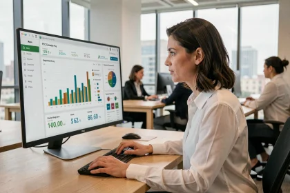 Professionnelle analysant des campagnes publicitaires pay-per-click sur un écran d'ordinateur dans un bureau moderne