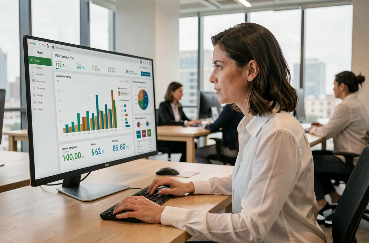 Professionnelle analysant des campagnes publicitaires pay-per-click sur un écran d'ordinateur dans un bureau moderne