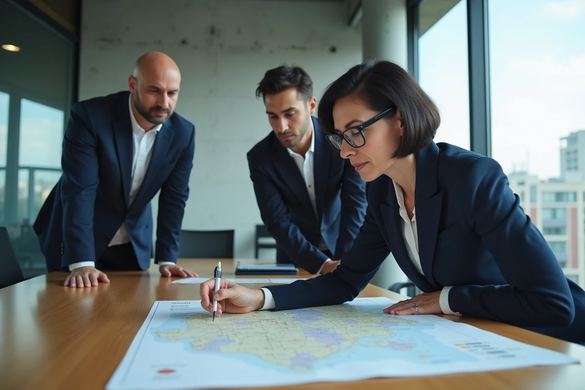Élue territoriale analysant des indicateurs économiques sur une carte imprimée lors d'une réunion de collectivité locale