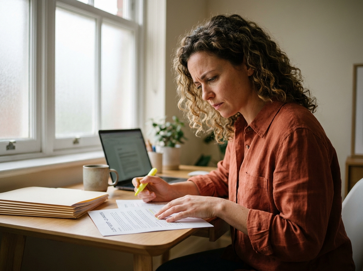 Professionnelle analysant un rapport client imprimé dans un bureau épuré pour améliorer le suivi de sa clientèle