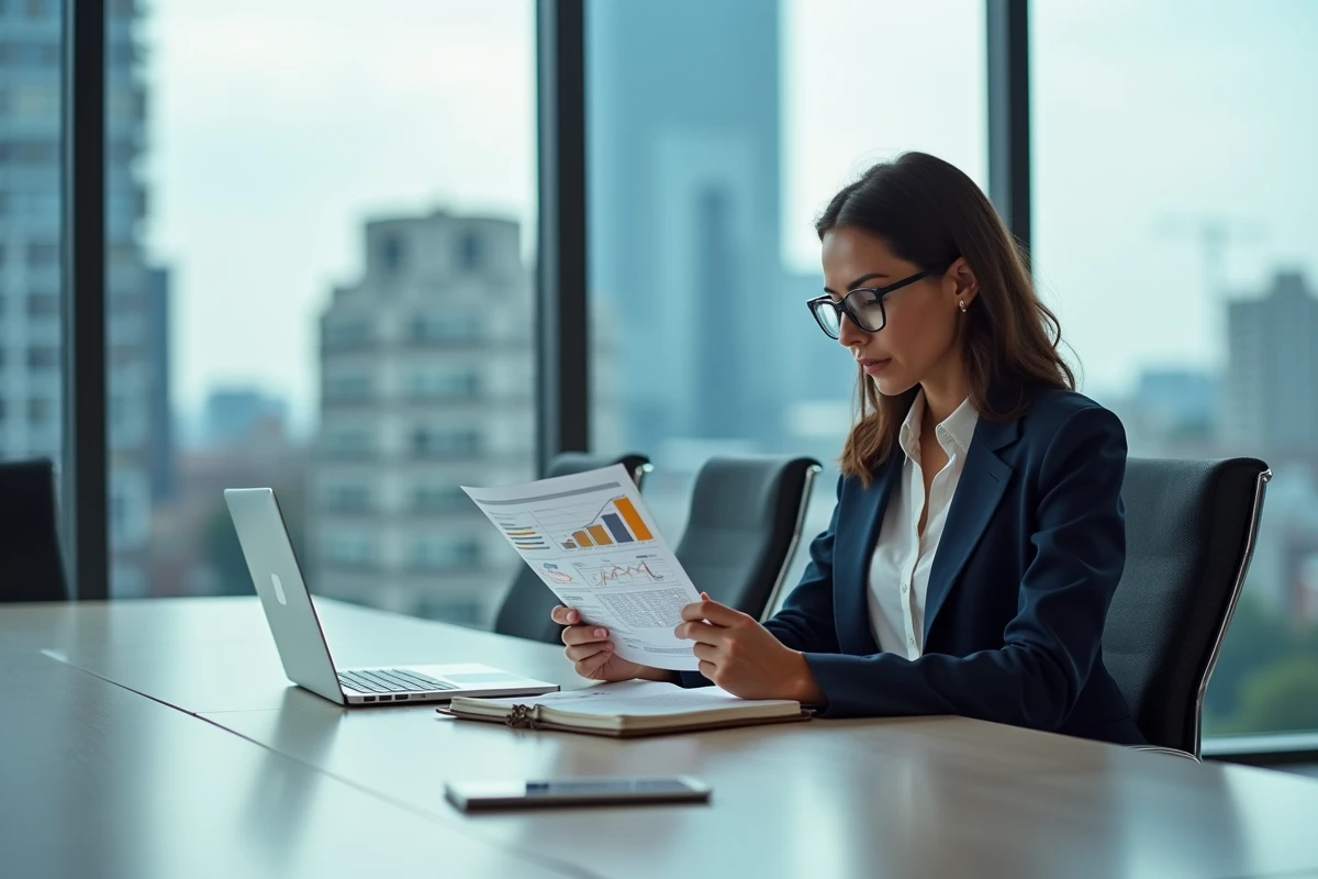Femme d'affaires analysant un rapport ROI de plateforme de networking B2B lors d'une réunion en salle de conférence moderne