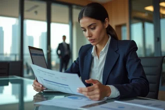 Professionnelle analysant des rapports de salaires dans un bureau moderne à Dubaï, zone EMEA