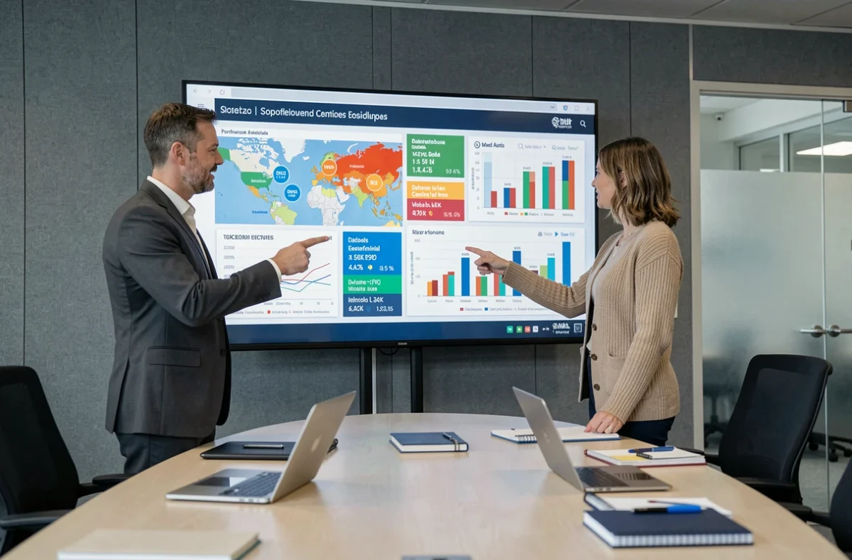 Deux professionnels analysant des tableaux de bord d'indicateurs économiques territoriaux sur écran numérique