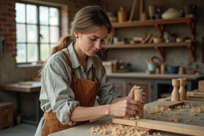 Artisane menuisière dans son atelier examinant une pièce en bois sculptée à la main, représentant le savoir-faire féminin dans les métiers manuels en 2026
