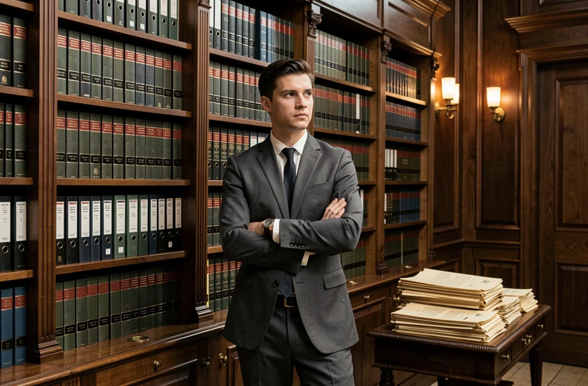 Jeune auditeur en costume dans une bibliothèque de cabinet comptable, exprimant une réflexion sur les opportunités de carrière