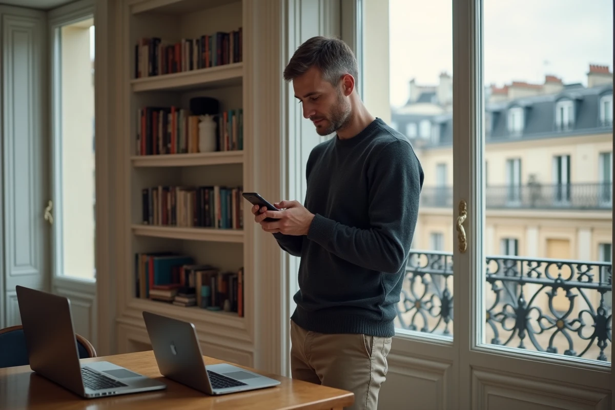 Homme utilisant l'authentification à deux facteurs pour accéder au VPN Nomade depuis un bureau à domicile parisien