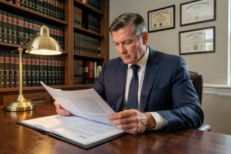 Avocat en costume marine examinant des documents juridiques dans un cabinet professionnel avec bibliothèque en fond