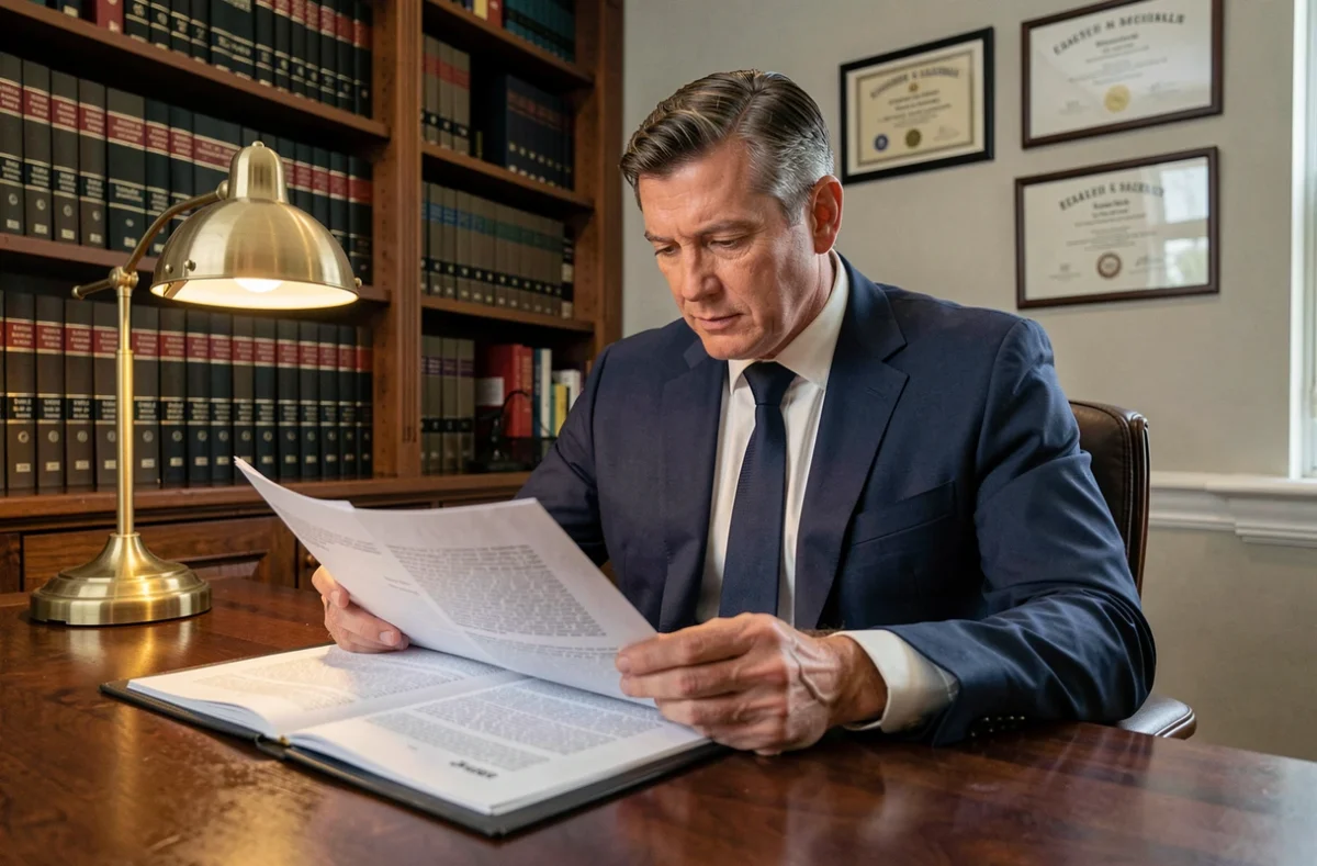 Avocat en costume marine examinant des documents juridiques dans un cabinet professionnel avec bibliothèque en fond