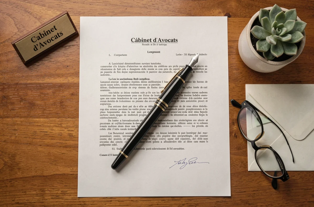 Vue aérienne d'un bureau d'avocat avec contrat juridique, stylo plume et accessoires professionnels illustrant le choix de statut juridique