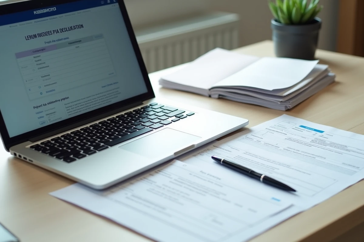 Bureau organisé avec documents fiscaux imprimés, bulletins de salaire et ordinateur portable ouvert sur un portail impôts