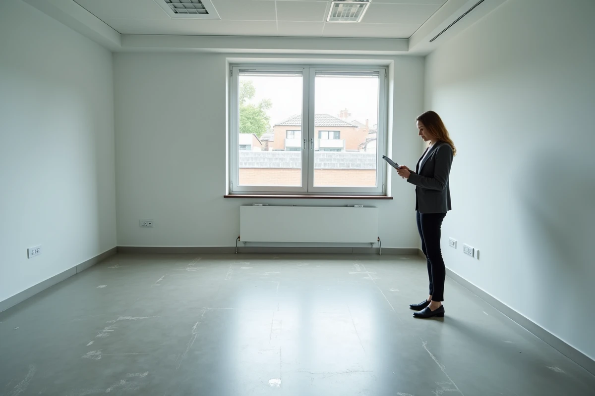 Dirigeante de PME inspectant des bureaux entièrement vidés après un service de débarras professionnel, pièce propre et vide prête à être réaménagée
