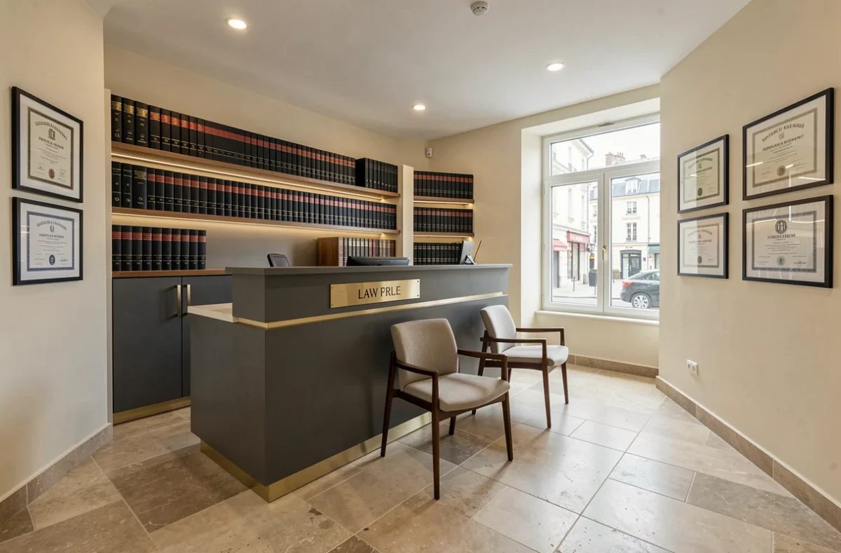 Réception du cabinet d'avocats Scavello, avec bureau d'accueil et diplômes encadrés au mur