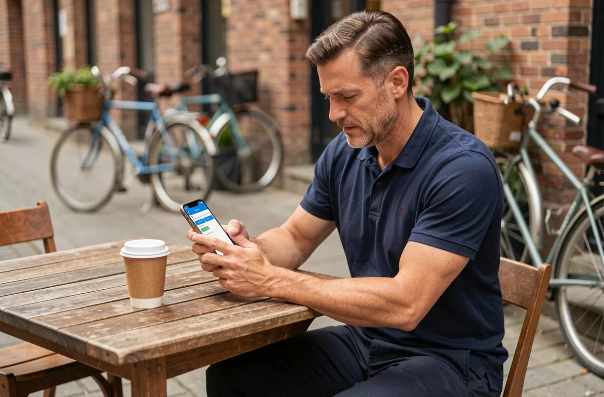Cadre consultant l'application RH Octime sur mobile en télétravail dans un café en ville