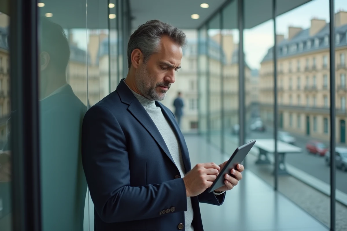 Cadre en marketing consultant un flux d'informations data sur tablette dans un centre d'affaires parisien avec vue sur l'architecture haussmannienne
