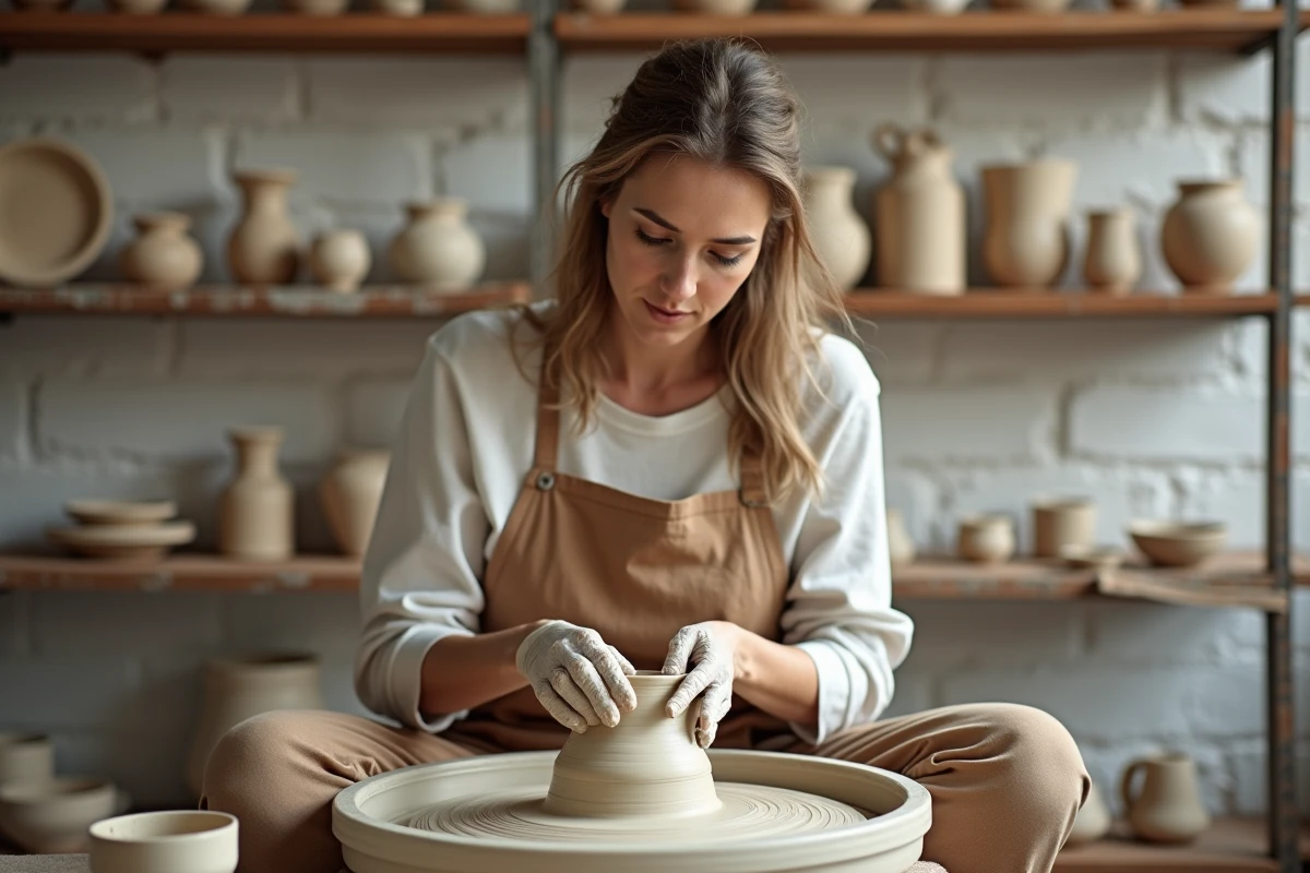 Céramiste professionnelle façonnant une poterie sur un tour dans son studio, illustrant la place des femmes dans l'artisanat contemporain
