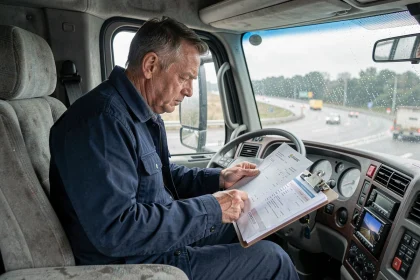 Chauffeur routier en cabine consultant sa fiche de paie et ses documents de salaire
