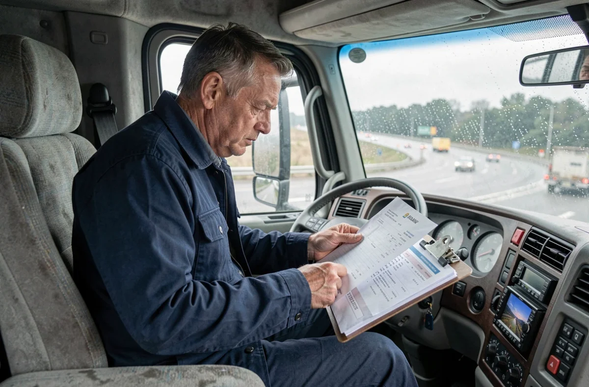 Chauffeur routier en cabine consultant sa fiche de paie et ses documents de salaire