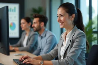 Chef de projet femme rassurée devant un tableau de bord de gestion de projet sur écran dans un bureau moderne