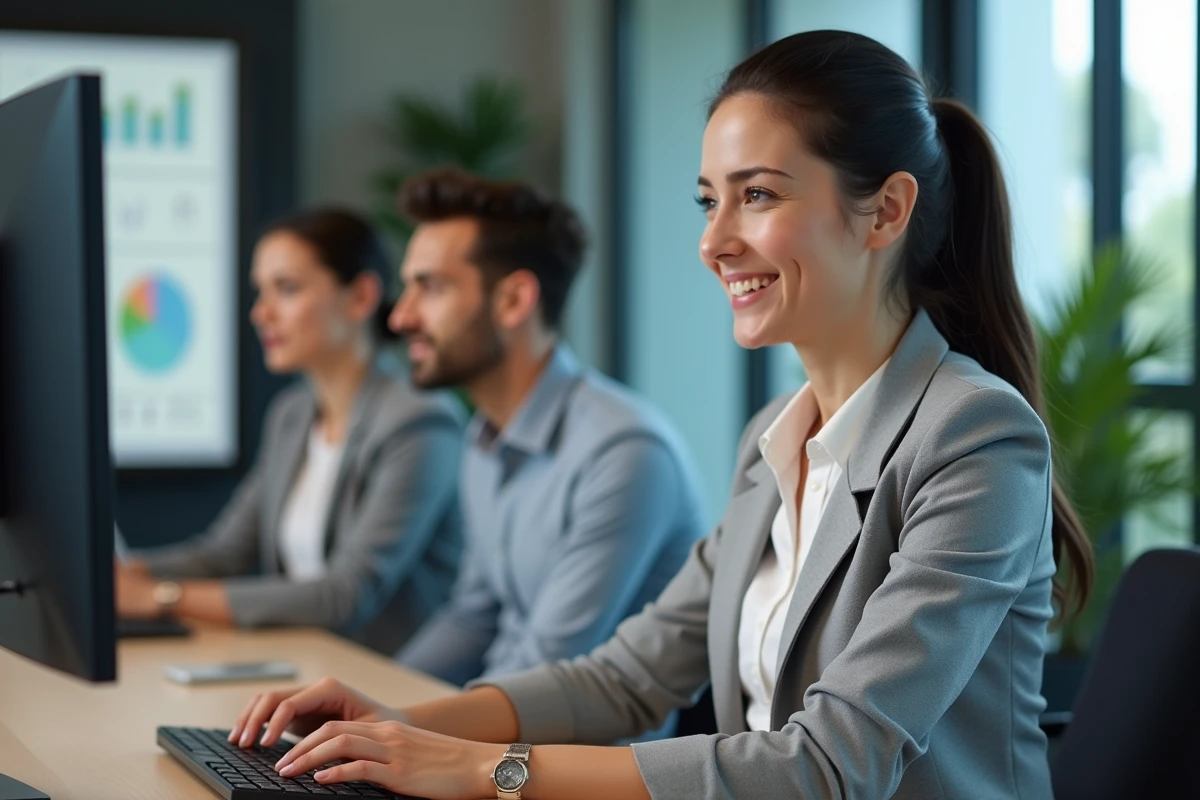 Chef de projet femme rassurée devant un tableau de bord de gestion de projet sur écran dans un bureau moderne
