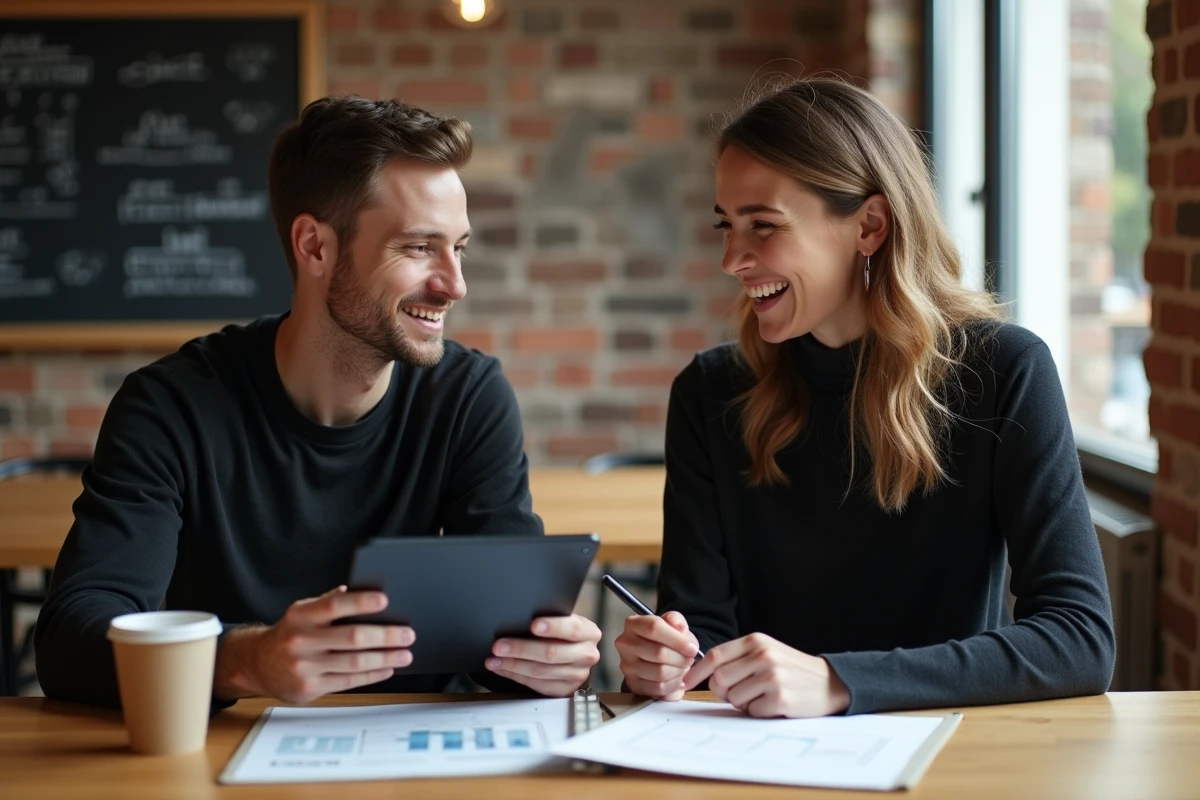 Deux collègues collaborant autour d'une tablette et de documents dans un espace de travail informel, symbolisant la simplification des projets quotidiens