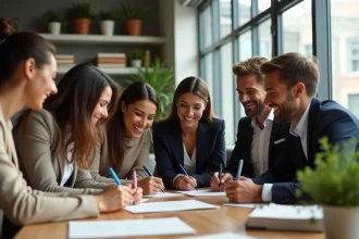 Groupe de collègues souriants signant une carte de départ dans un bureau moderne