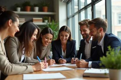 Groupe de collègues souriants signant une carte de départ dans un bureau moderne