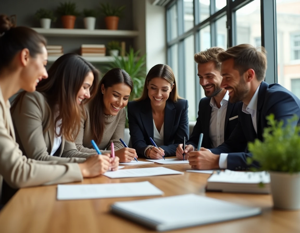 Groupe de collègues souriants signant une carte de départ dans un bureau moderne