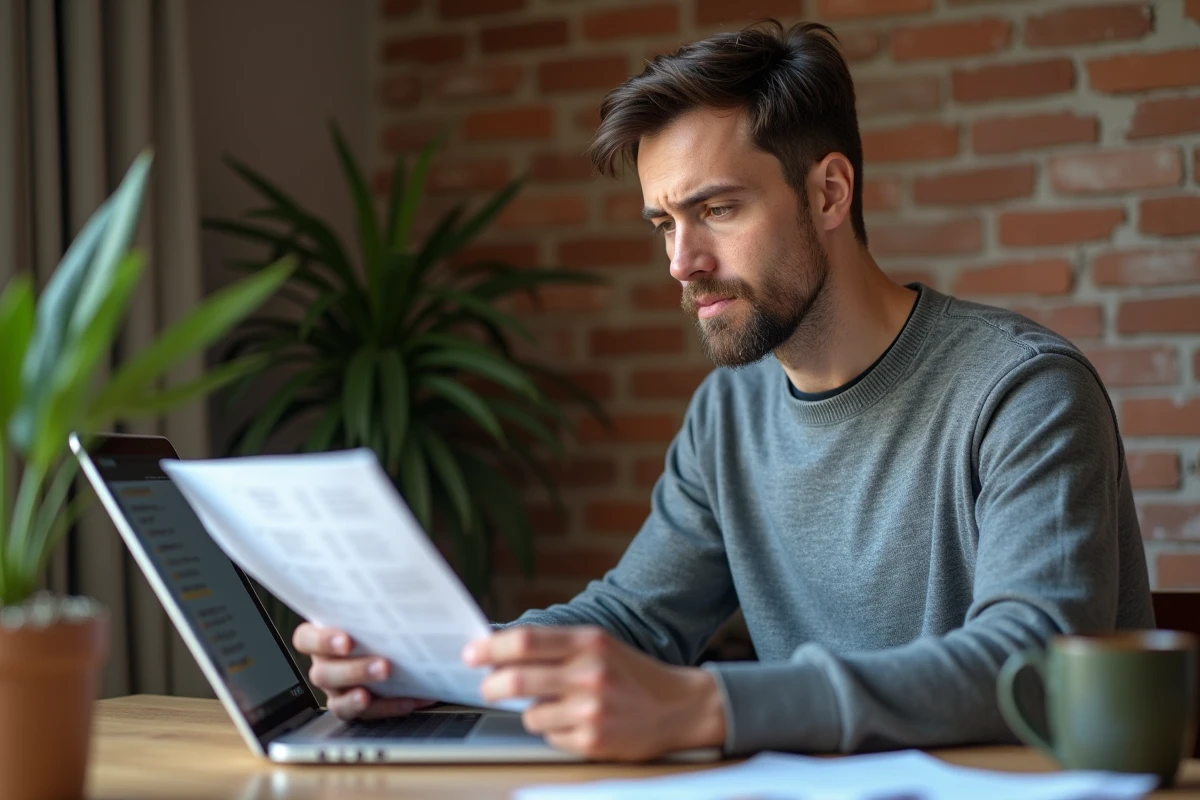 Homme comparant des avis sur l'INPI depuis son domicile sur un ordinateur portable avec liste de vérification