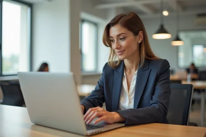 Femme comparant deux sites web sur des ordinateurs portables dans un espace de coworking moderne, illustrant le choix entre Nexterprise fr et un site vitrine classique