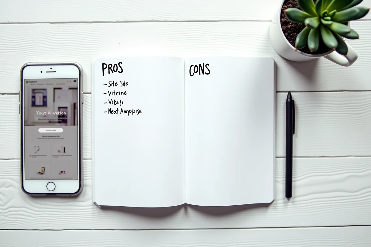 Vue aérienne d'un bureau avec un cahier de notes comparant Nexterprise et un site vitrine classique, un smartphone affichant un site web professionnel et un stylet