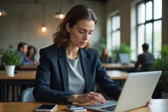 Femme professionnelle se connectant de manière sécurisée au réseau Nomade Ville de Paris dans un espace de coworking moderne