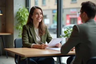 Femme discutant de son projet professionnel à impact avec un conseiller en emploi dans un espace de coworking moderne