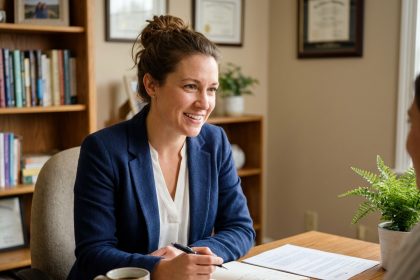 Conseillère attentive prenant des notes lors d'un rendez-vous client dans un bureau moderne et chaleureux