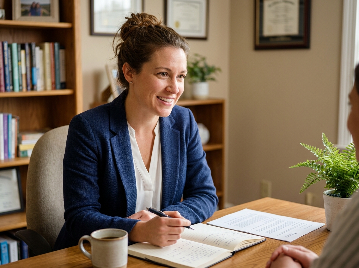 Conseillère attentive prenant des notes lors d'un rendez-vous client dans un bureau moderne et chaleureux
