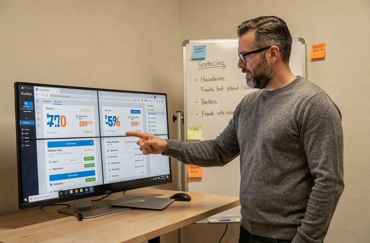 Consultant en agence comparant les plans tarifaires de plateformes IA sur un ordinateur portable lors d'une réunion stratégique